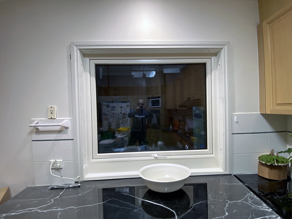 cream coloured awning window in the kitchen